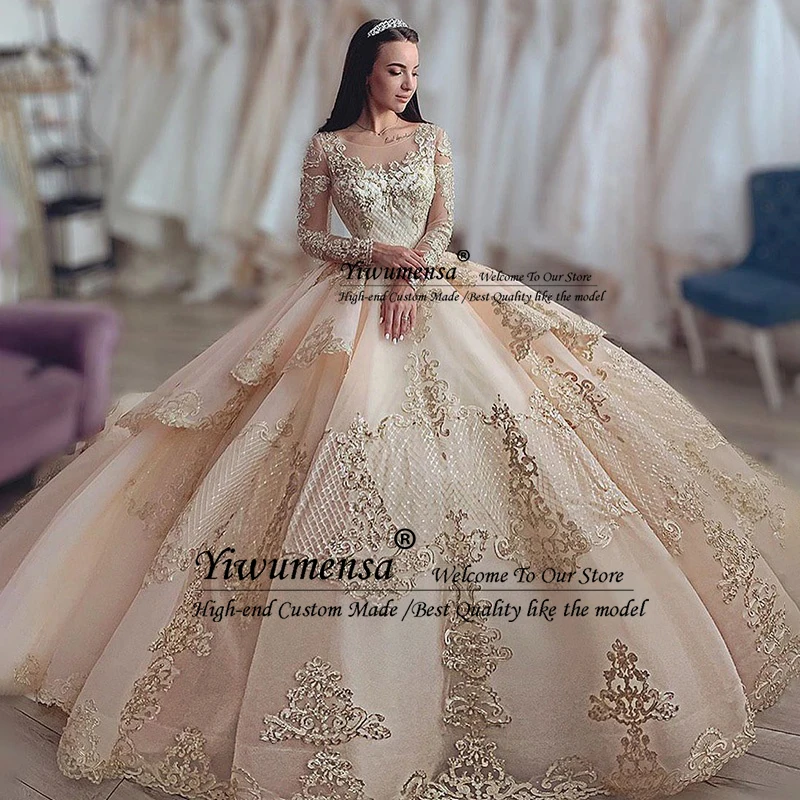 

Luxury Princess Ball Gown Wedding Dresses 2020 Gold Lace Appliques Bride Dress Long Sleeves Beading Wedding Gowns Robe De Mariee