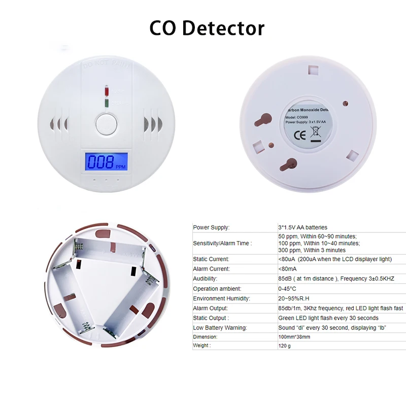 Wireless Combination Smoke & CO Alarm Carbon Monoxide Detector Fire Sensor 85dB Built in Voice Alert Battery Powered Easy Use