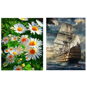 

5D DIY Diamond Painting Cross Stitch Ship on Sea Full Square Diamond & Square Diamond Diamond Painting Flower Landscape