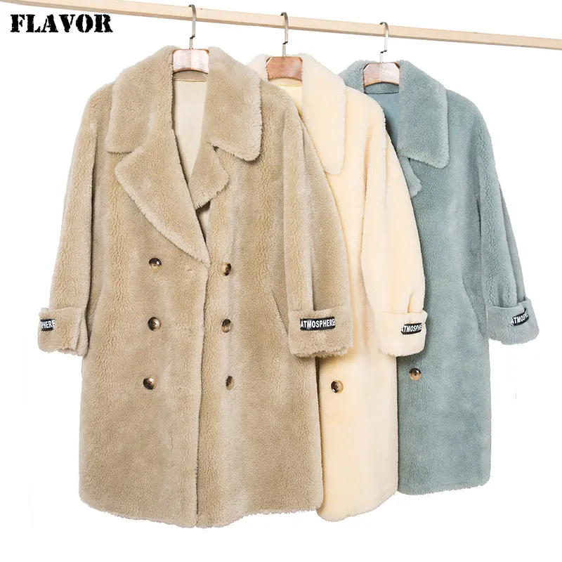 

FLAVOR Women's Wool Jacket Trench Pea Coat Double Breasted Winter Warm Faux Sheep Fur Coat