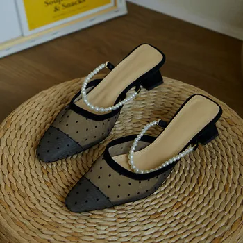 

Square Toe Women Black Lace Pumps Pearl Chains Mule Shoes Woman Chic Office Lady Working Shoes 4.5cm Chunky Med Heels Slippers