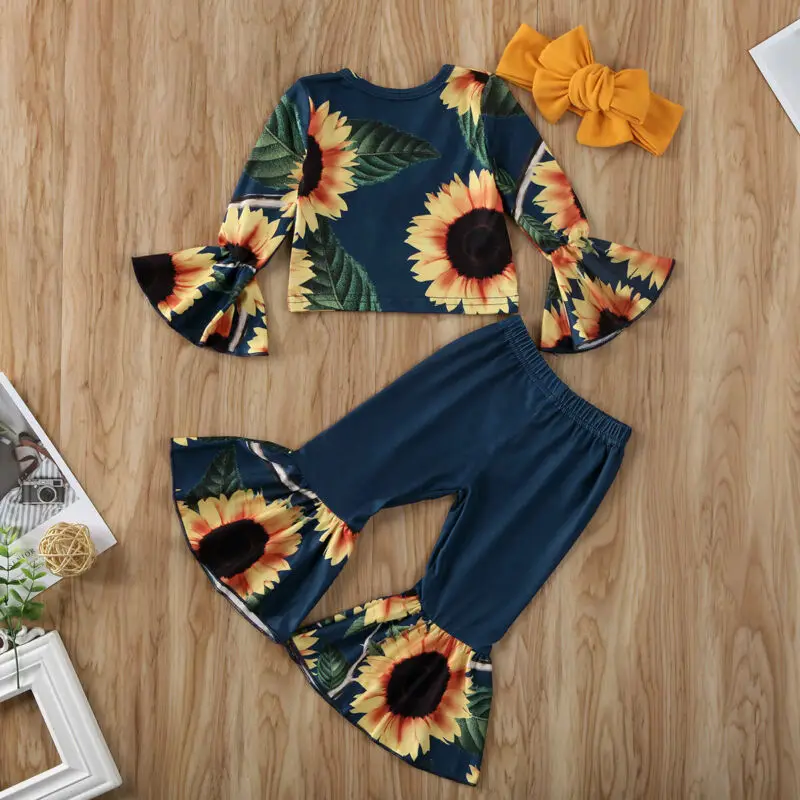 

Infant Kids Baby Girl Sunflower print Tops+Ruffle Pants Leggings 3Pcs Outfit Clothes