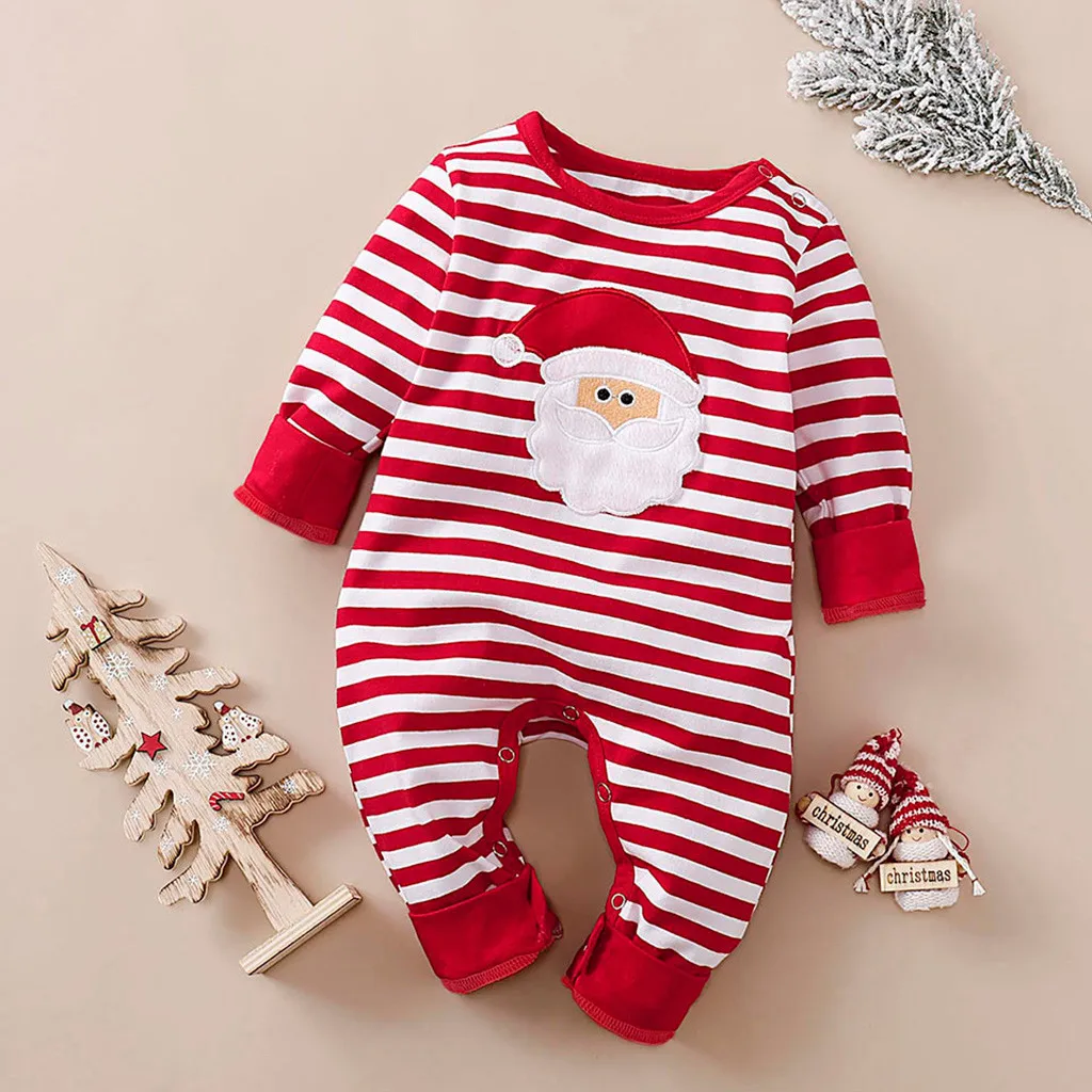 

2020 Christmas children's romper Infant Baby Boy Girl Long Sleeve Christmas Santa Striped Romper Jumpsuit Clothes Santa Claus Y4