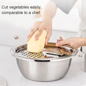 

Multifunctional Stainless Steel Basin Drain Basket Vegetable Cutter 3 in 1 Kitchen Julienne Grater DTT88
