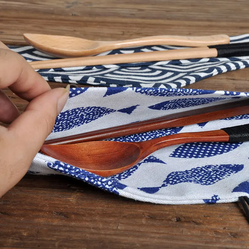 Portable Tableware Bag Japanese Printing Reusable Drink Straw Chopstick Cutlery Pouch Drawstring Bag Cutlery For Spoon Fork picnic tableware tableware storage bag