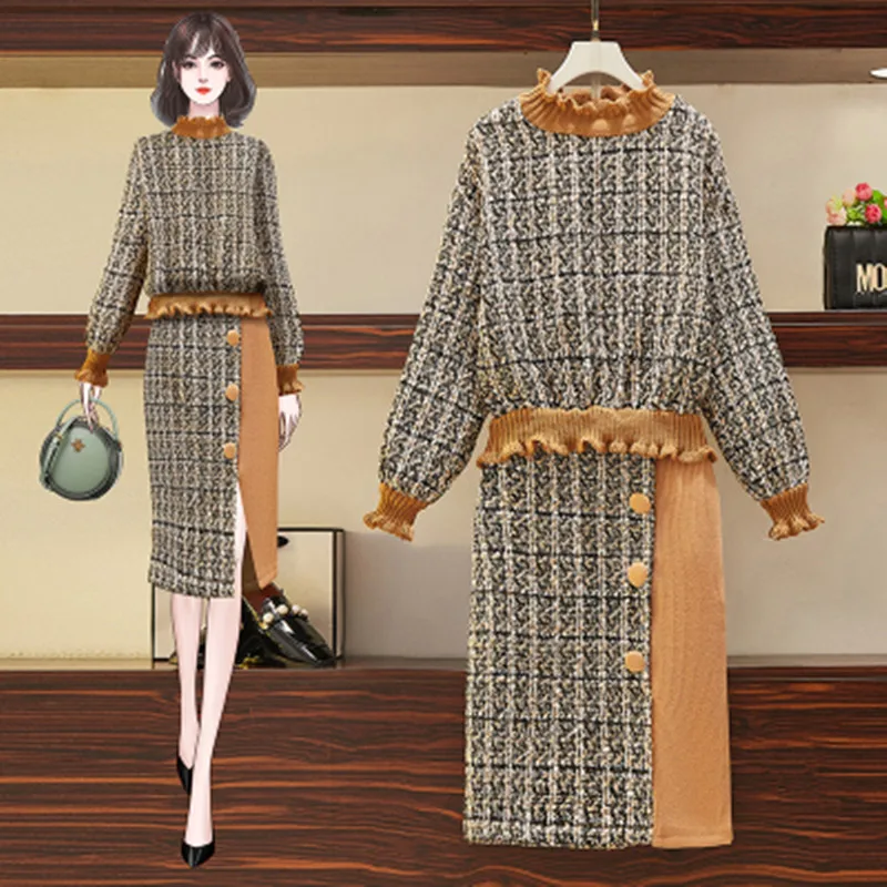 

New Fashion Lady Sweater Two Piece Set Houndstooth Long Sleeve Skirt Suit High Collar Patchwork Autumn Warm Tweed Chic Set