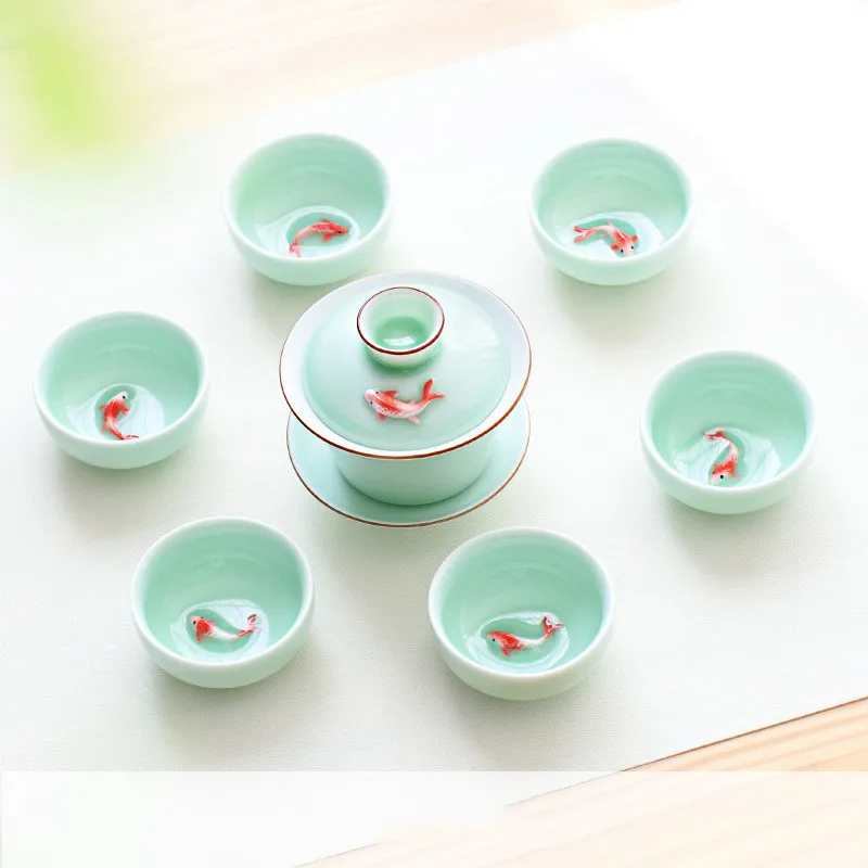 Стильный чайный набор Celadon с рыбками, пузатый чайник Kungfu, удобный для путешествий чайный набор, Офисная Бытовая Питьевая утварь WSHYUFEI