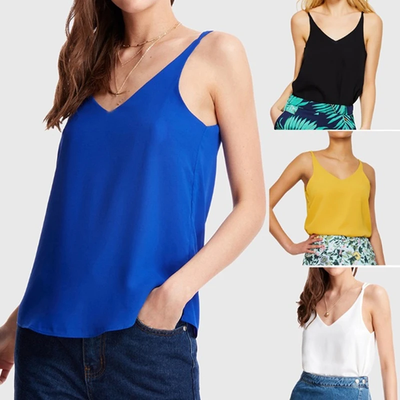 Solid Color Spring Summer Top Women New Outside Wearing Bottom Shirt V Neck Loose Chiffon Camisole Casual Sleeveless Camis