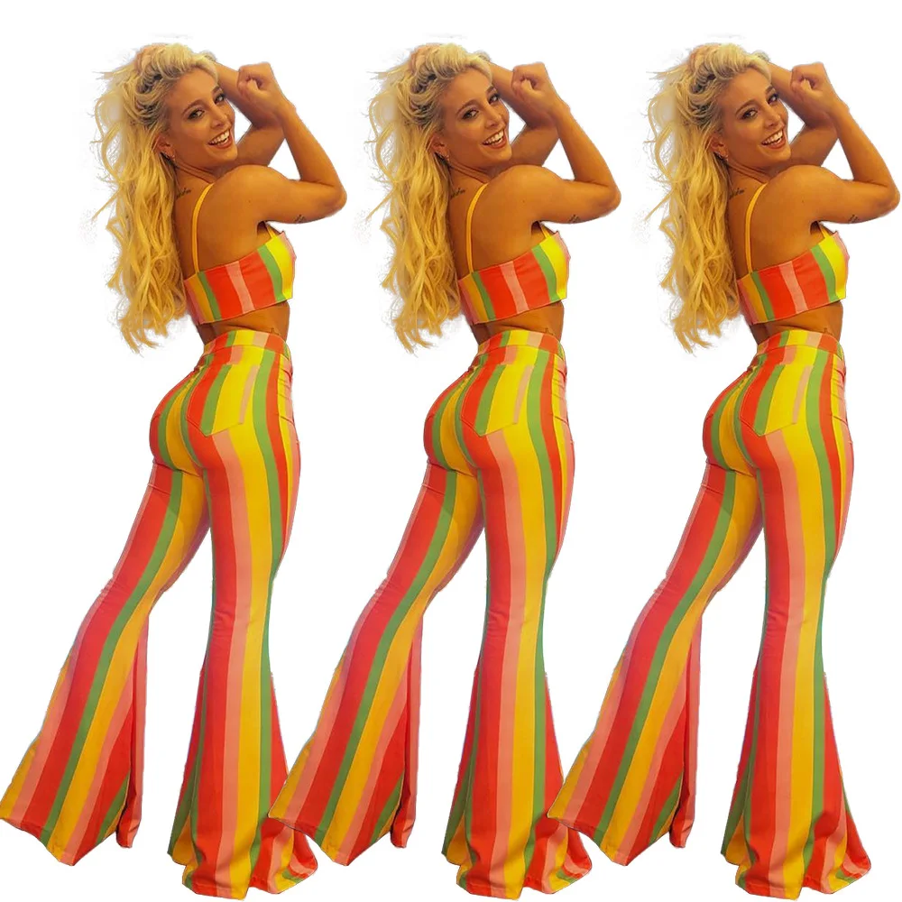 

Сексуальные женские брюки для ночного клуба из двух частей в радужную полоску с запахом на груди и широкими штанинами
