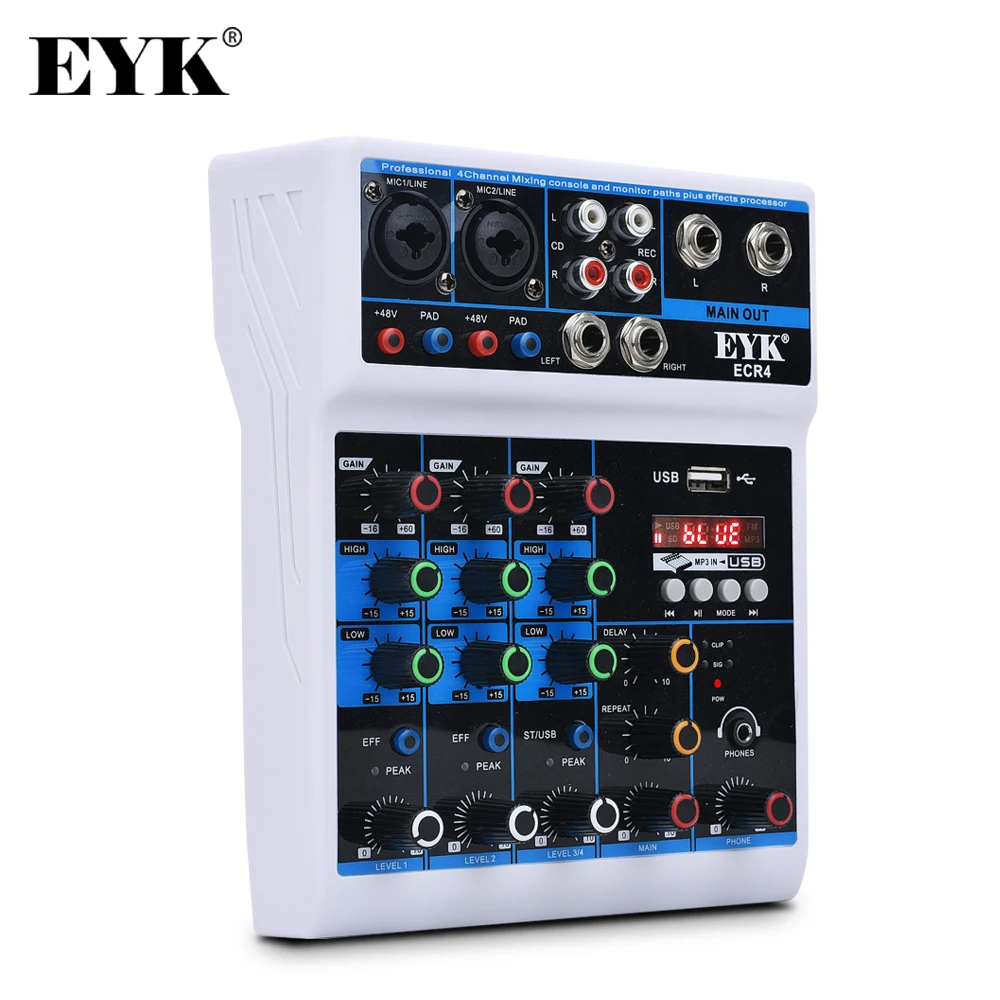EYK 4-channel Audio Mixer Console with USB power supply Connect to Computer Built-in Soundcard suitable for home live Recording