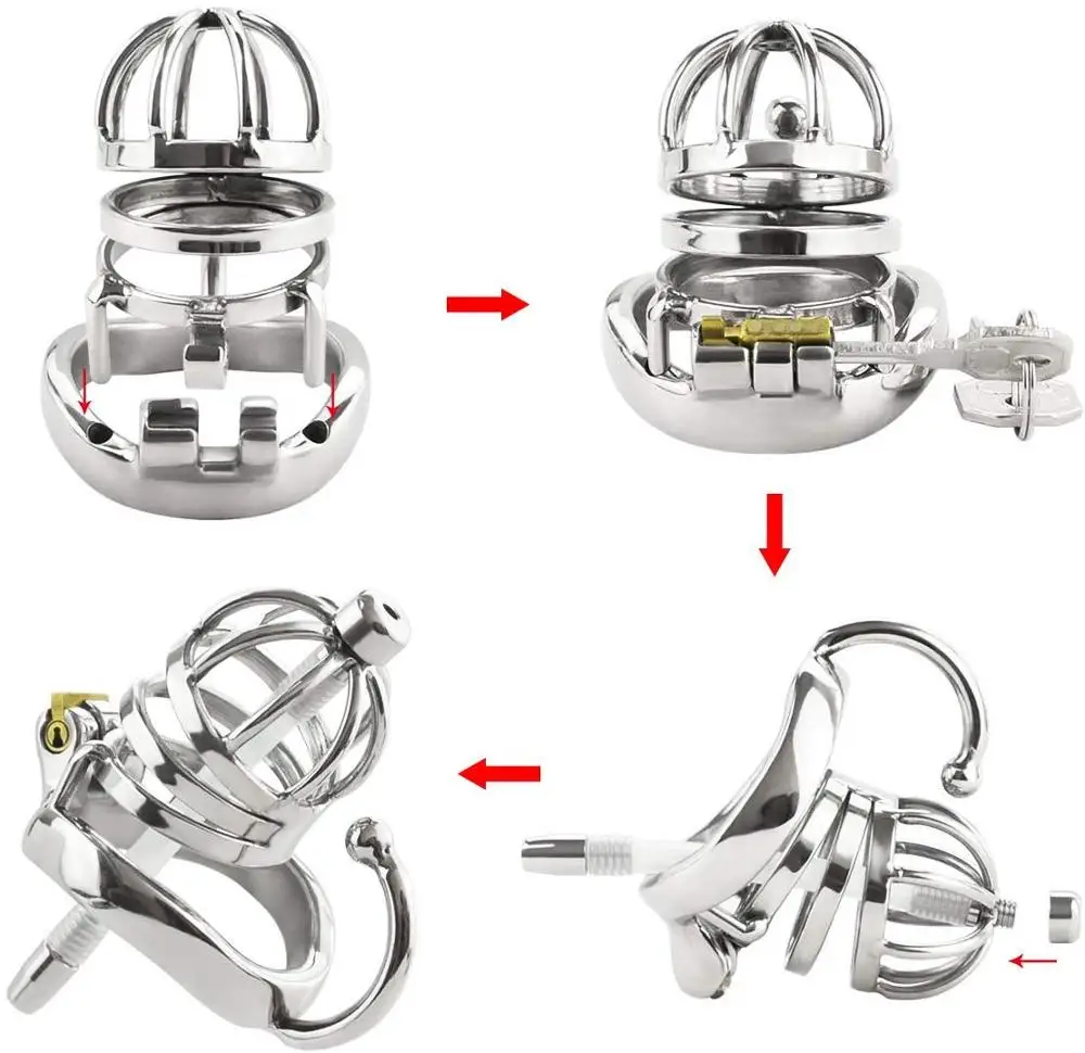 iKenmu New Stainless Steel Male Chastity Devices With Urethral Catheter,Long Cock Cage with Ring ,Penis Rings,Sex Toys For Men