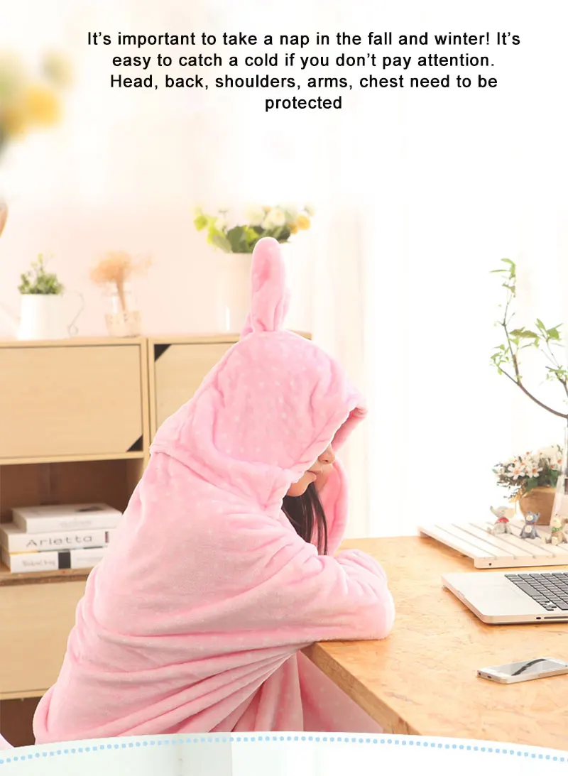 Kawaii Коралловое флисовое зимнее утяжеленное одеяло с ушками, многофункциональный теплый плащ с капюшоном для взрослых и детей, товары для дома и офиса