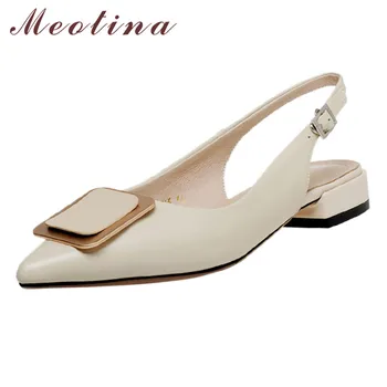 

Meotina Metal Decoration Low Heel Slingbacks Pumps Real Leather Women Shoes Pointed Toe Thick Heels Buckle Lady Shoes Black 40