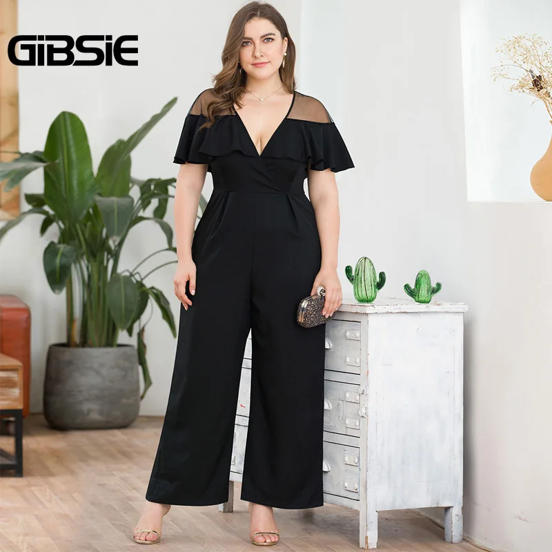 

GIBSIE Plus Size Deep V-Neck Mesh Patchwork Ruffle Sexy Jumpsuit Women Black Elegant OL Party High Waist Jumpsuits Long Overalls