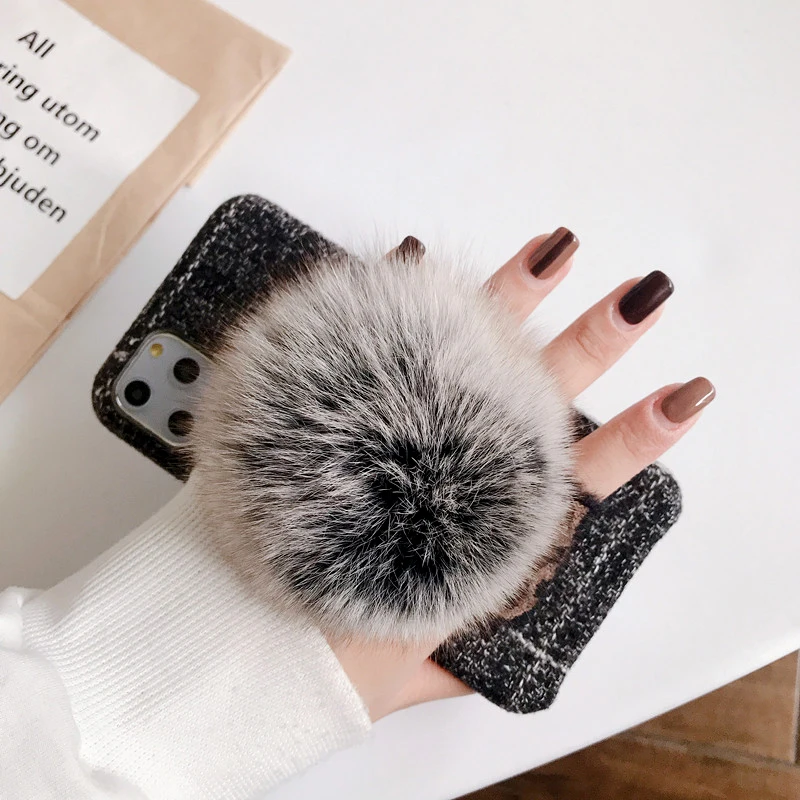 

Luxury Lady Warm Leopard Wrist Strap Case For iPhone 11 Pro XS Max XR 8 7 6 6s Plus Furry fluffy Fox Fur Ball Plush Cloth Cover