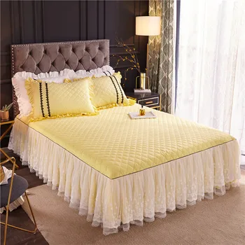 

One piece Pure cotton quilting bed skirt solid color thick for Autumn and Winter with lace edge white yellow pink purple green