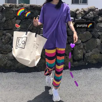 

Harajuku Women's Suit Purple short sleeve top Rainbow stripe trousers Sweatpants Running pants for Women