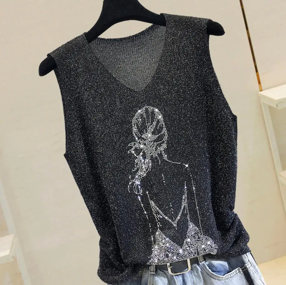 

Summer New Fashion Girl Back Rhinestones Sleeveless T-shirt Women's Thin Bright Silk Knitted t Shirt Tops r765