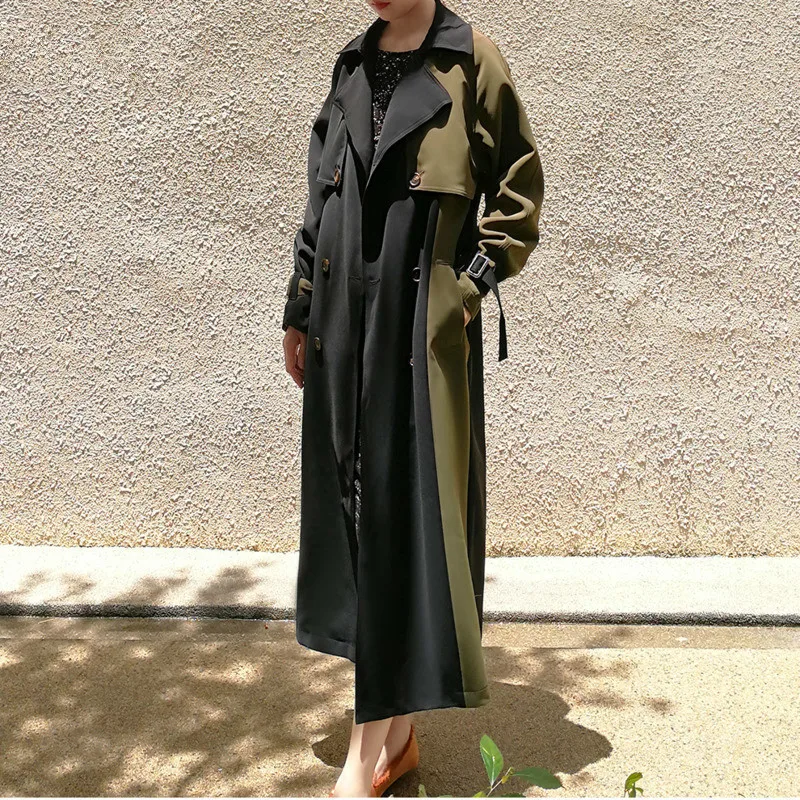 

TVVOVVIN 2019 New Spring Korean Fashion Women Clothing Turn-down Collar Full Sleeves Patchwork Wool Jacket Long Windbreaker F442