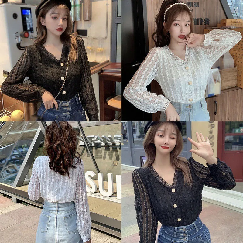 Autumn Korean Style  Wild V-Neck Lace Hollow Short