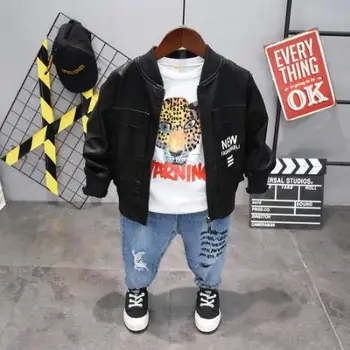 

Children's clothing coat short sleeve suit children's faux fur coat + T-shirt jeans pants 3 sets of boys sportswear clothes set