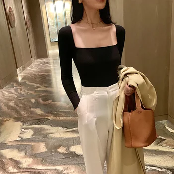 

Fashion Clothes Women Sweater Pullovers Retro Square Collar Black Vintage Slim Korean French Chic Spring Autumn Jumper Ins Style