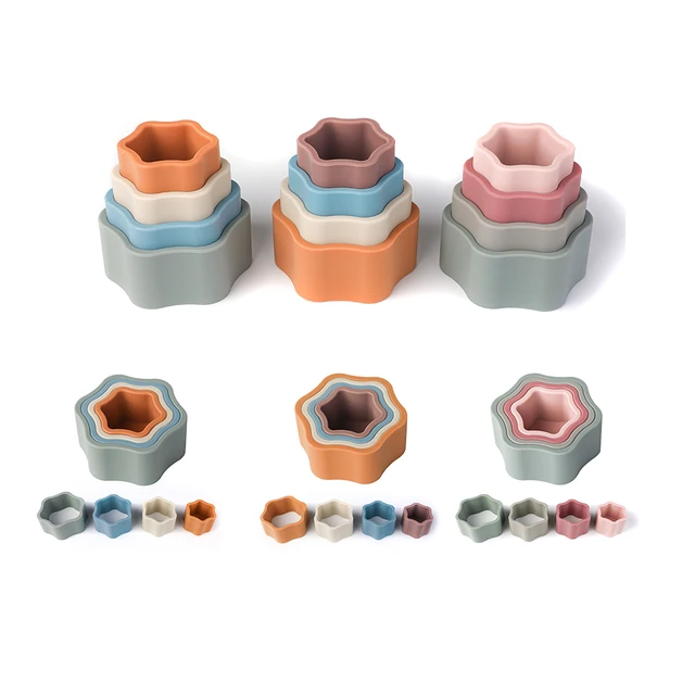 TYRY.HU Baby Toys Silicone Building Block Silicone Teether Stacked Cup Bear Cat Matryoshka Soft Block Educational Montessori Toy 4