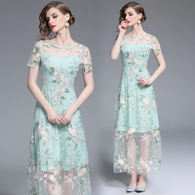 

Ozhouzhan WOMEN'S Dress Fashion 2019 New Style Industrial Gauze Embroidered to Ankle Long Waist Hugging Big Hemline Dress