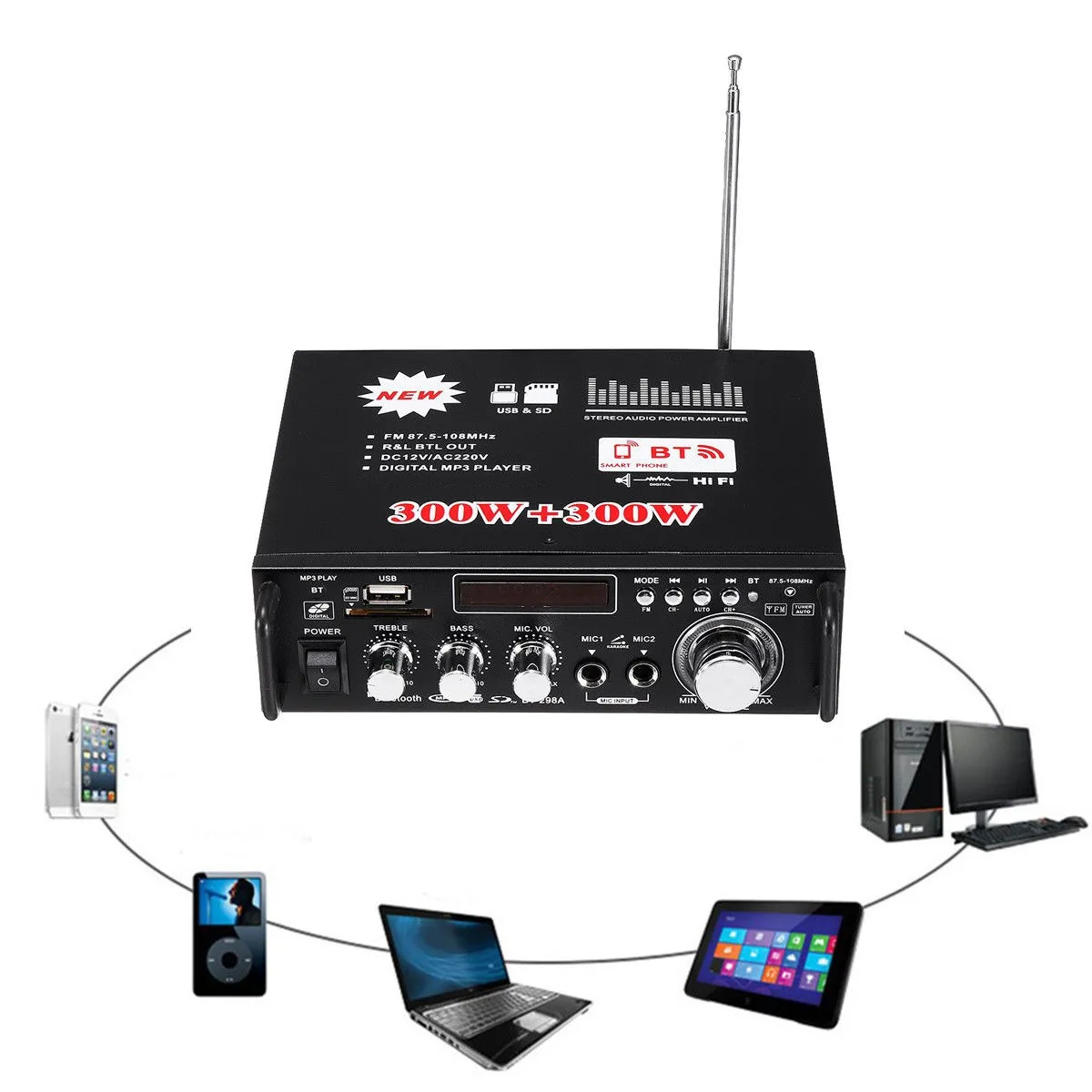 BT-298A 600W Home Amplifiers Audio bluetooth Power Amplifier Subwoofer Home Theater Sound System Amplifier HIFI USB FM Home car