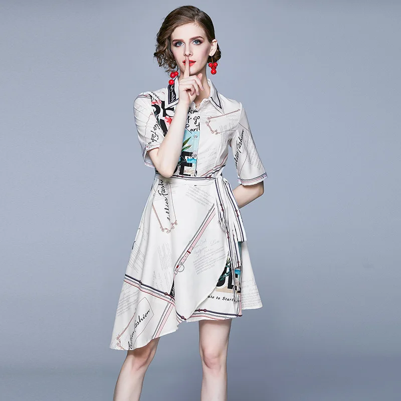 

Europe And America 2020 Spring New Style Geometry Lettered Positioning Printed Slimming Half-sleeve Shirt Irregular Dress
