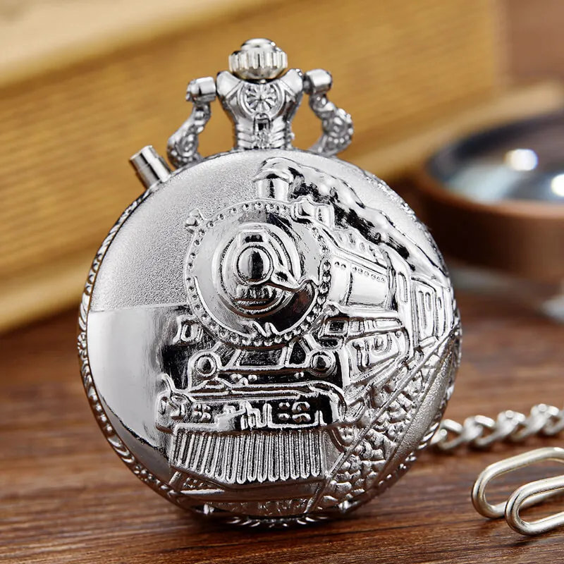 Светящийся светодиодный циферблат кварцевые карманные часы с резьбой Поезд брелок часы цепь стимпанк кулон часы рождественские подарки - Цвет: silver