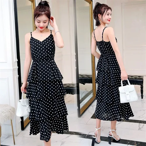 

Mid-length Polka Dot Strapped Dress Women's 2019 Summer New Style Sweet Flounced High-waisted Backless Sleeveless Dress