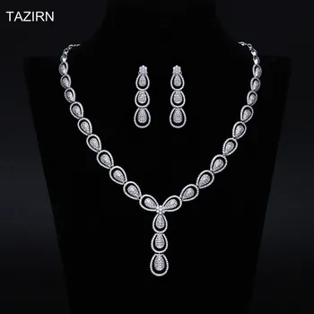 

2 Pcs Luxury Cubic Zirconia Crystal Necklace and Drop Earrings Dubai Bridal Jewelry Sets Quinceanera Jewellery Bridesmaid Gift