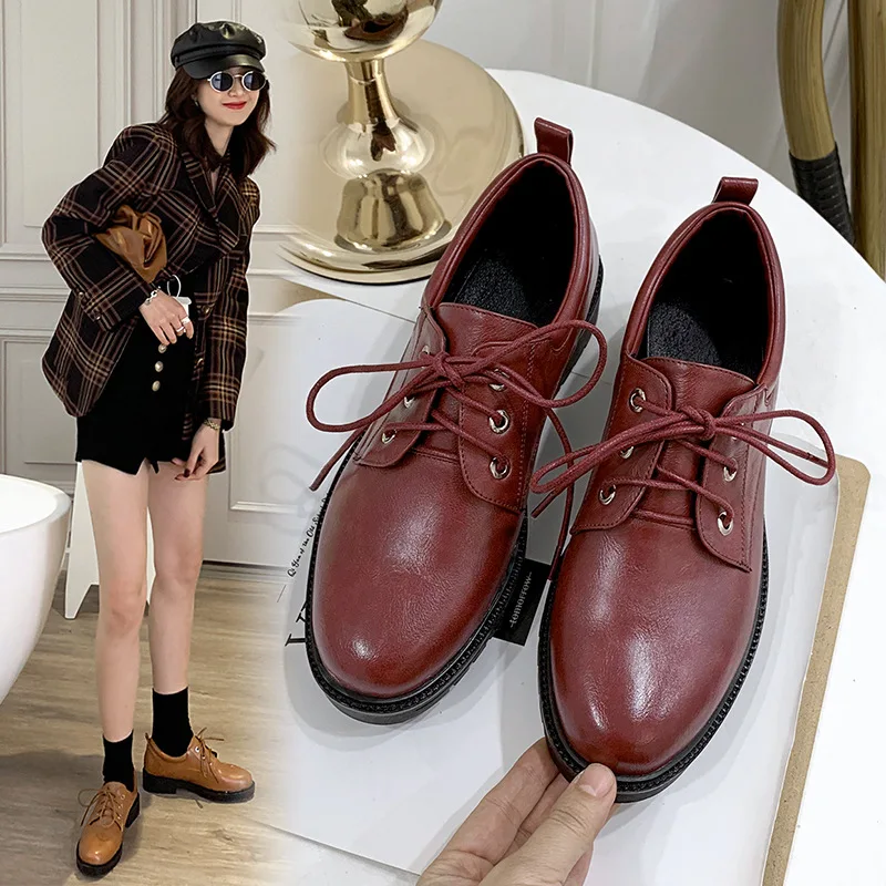 

2020 Spring New Style England Leather Shoes Women's Thick Bottomed Shoes round-Toe England-Style College Shoes Women's T4210