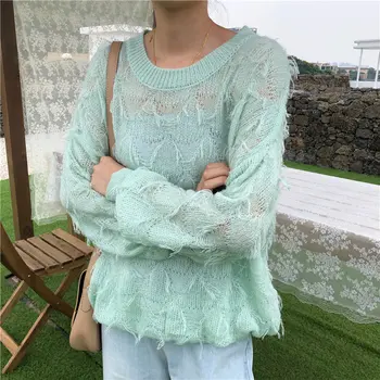 

Hzirip Lazy Style Autumn Chic Sweet Hollow Out Pullovers Thin Women Fresh Regular Brief Loose All-Match Knitted Fashion Sweaters