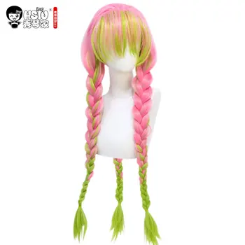 

HSIU Kanroji Mitsuri Pink Green Braids Anime Cosplay Wig Demon Slayer: Kimetsu no Yaiba Roles wig Fiber Syntheitc wig