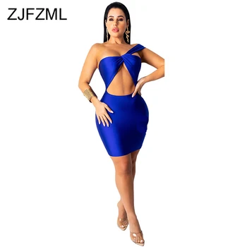 

One Shoulder Elegant Club Party Dress 2020 Women Waist Band Cut Out Backless Vestido Autumn Winter Sleeveless Package Hip Dress
