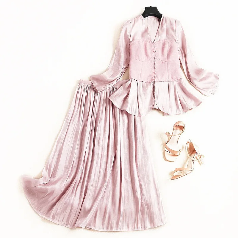 

New 2019 autumn fashion women girls pink lurex skirts suits cute patchwork tops long skirts green two piece set