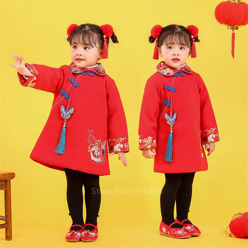 Китайский топ, детский костюм-танга, Новогодняя одежда с вышивкой карпа ханьфу, платье Ципао для маленьких девочек, для женщин, традиционная одежда для мужчин
