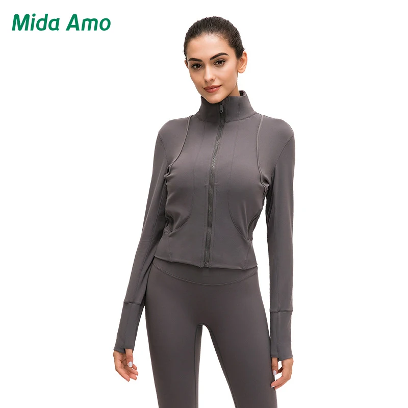 

Mida Front Zipper Sport Jacket Women Long Sleeve Stretch Exercise Training Jogging Coat Fitness Compression Pocket Yoga Jacket