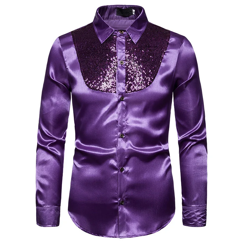 Мужская шелковая атласная гладкая рубашка, роскошный смокинг с золотыми блестками, вечерние рубашки для сцены, свадебного платья, рубашки Chemise Homme - Цвет: purple