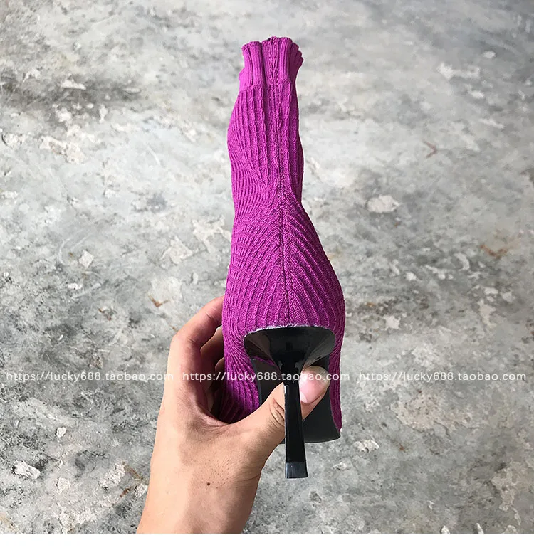 Носки Botines mujer г. Эластичные шерстяные вязаные сапоги на среднем каблуке женские зимние ботинки челси на шпильке фиолетовые ботинки
