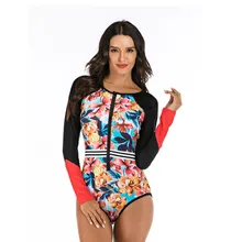 Цельный купальник с цветочным принтом, одежда для плавания с длинным рукавом, женский купальный костюм, ретро купальник, винтажный Цельный купальник для серфинга