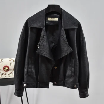 

Brand Black New 2020 Spring Loose Long Sleeve Leather Jacket Women Fashion Washed PU Leather Jacket