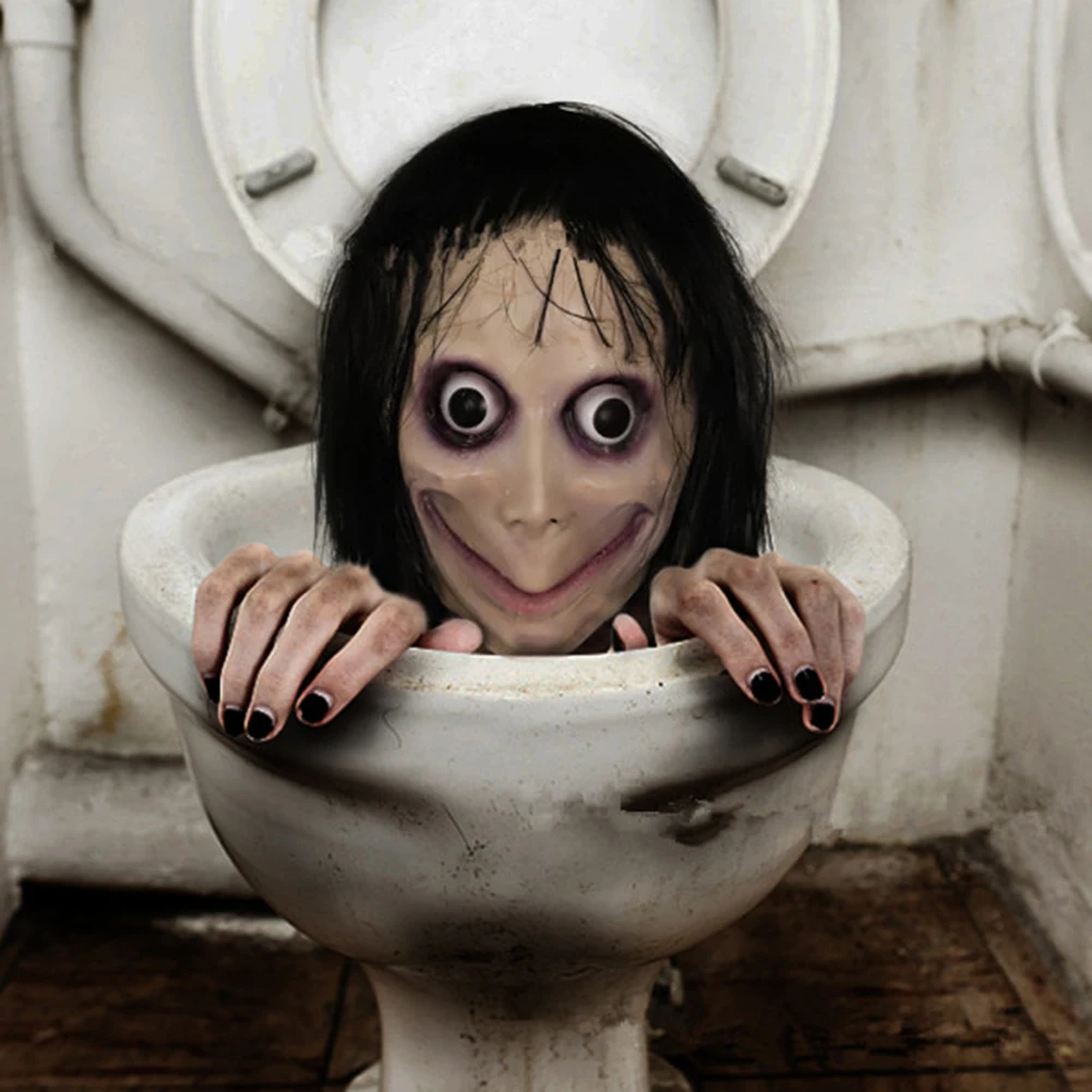 Страшная маска взлом игра Ужас латекс фестиваль вечерние маска полная голова Момо маска большой глаз с длинными париками Хэллоуин женский призрак