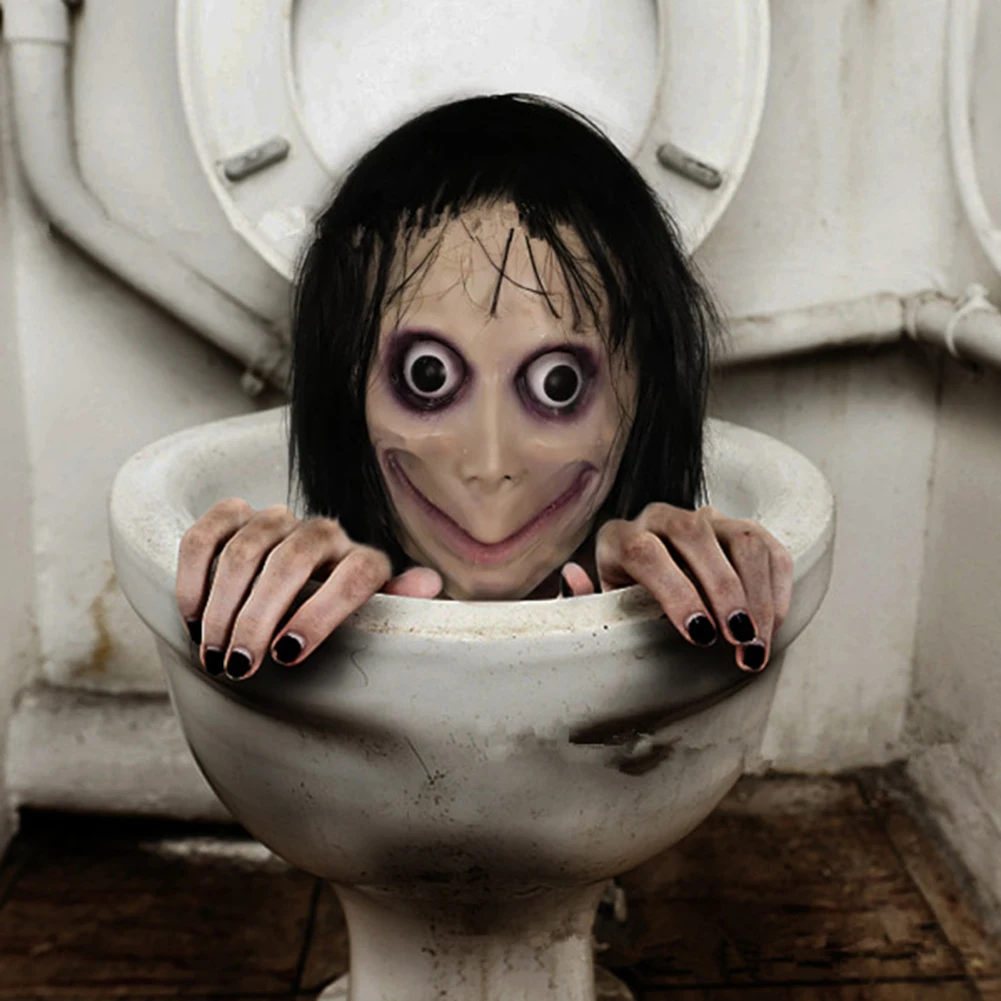 

2019 Scary Mask Hacking Game Horror Latex Festival Party Mask Full Head Momo Mask Big Eye With Long Wigs Halloween Female Ghost