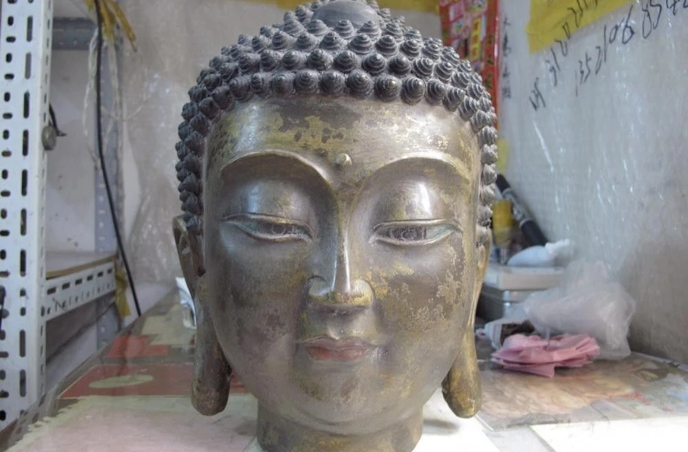 

Китайская народная храм, старое медное бронзовое храм Tathagata Sakyamuni статуя Будды голова 27 см, 11 дюймов