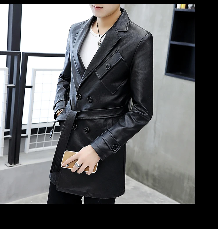 Осенняя модная мужская кожаная куртка блейзеры черные мужские s длинные кожаные тренчи пояса бизнес пальто мужские ветровки