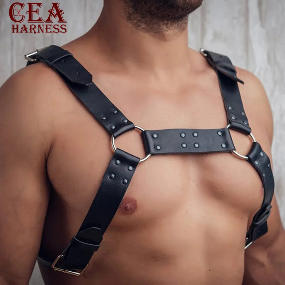 

Men Leather Adjustable Waist Suspender Harness Belt PU Leather Chest Shoulder Exotic Tanks Belt With Buckles Metal O-Ring Straps