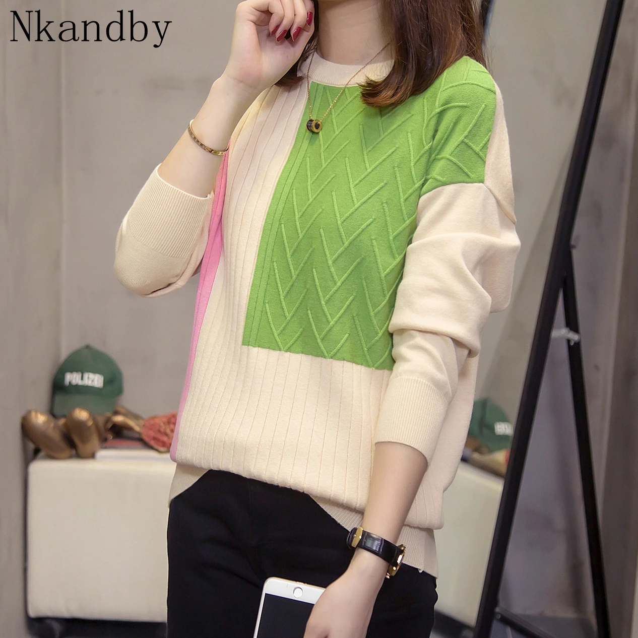 

Plus Size Spell Color Pullover Sweater Women Korean Casual Loose Knitted Tops 2019 Autumn Winter Clothes Large Jumpers Knit Wear